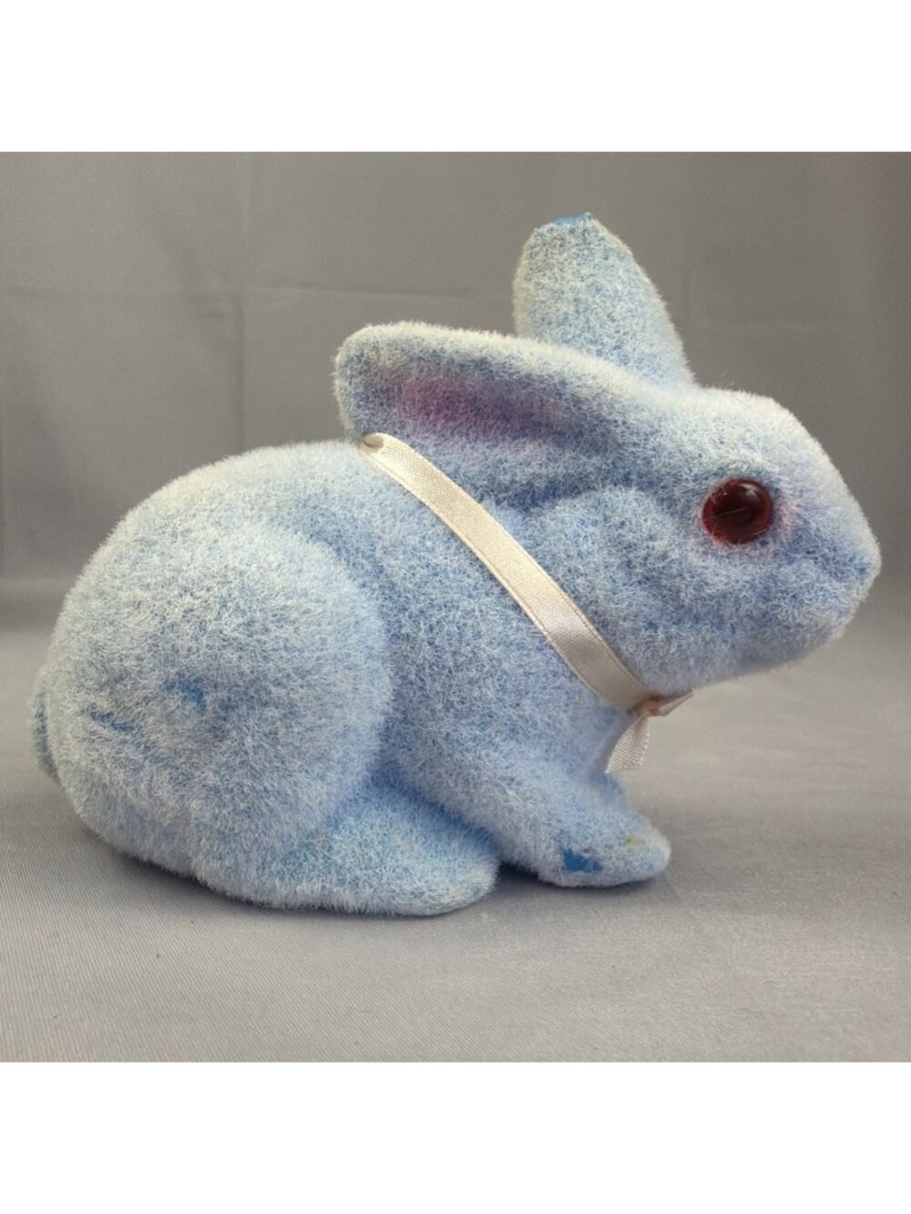 Vintage Blue Flocked Easter Bunny Rabbit Coin Bank Figurine